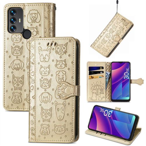 Saturcase Coque Pour Tcl 30 Se / Tcl 305 / Tcl 306, Chien Et Chat Mignon Pu Cuir Magntique Flip Portefeuille Support Porte-Carte Protecteur Housse tui Avec Dragonne Pour Tcl 30 Se / Tcl 305 / Tcl 306 (Or)