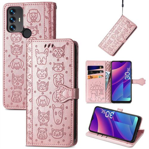 Saturcase Coque Pour Tcl 30 Se / Tcl 305 / Tcl 306, Chien Et Chat Mignon Pu Cuir Magntique Flip Portefeuille Support Porte-Carte Protecteur Housse tui Avec Dragonne Pour Tcl 30 Se / Tcl 305 / Tcl 306 (Or Rose)