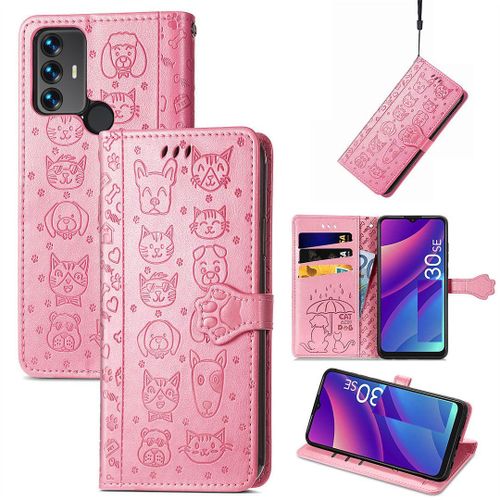 Saturcase Coque Pour Tcl 30 Se / Tcl 305 / Tcl 306, Chien Et Chat Mignon Pu Cuir Magntique Flip Portefeuille Support Porte-Carte Protecteur Housse tui Avec Dragonne Pour Tcl 30 Se / Tcl 305 / Tcl 306 (Pink)