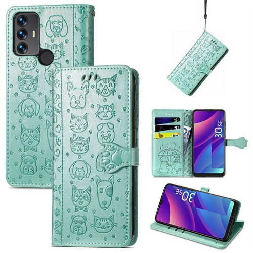 Saturcase Coque Pour Tcl 30 Se / Tcl 305 / Tcl 306, Chien Et Chat Mignon Pu Cuir Magntique Flip Portefeuille Support Porte-Carte Protecteur Housse tui Avec Dragonne Pour Tcl 30 Se / Tcl 305 / Tcl 306 (Vert)