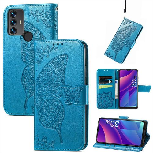 Saturcase Coque Pour Tcl 30 Se / Tcl 305 / Tcl 306, Papillon Fleurs Pu Cuir Magntique Flip Portefeuille Support Porte-Carte Protecteur Housse tui Avec Dragonne Pour Tcl 30 Se / Tcl 305 / Tcl 306 (Hf-Bleu)
