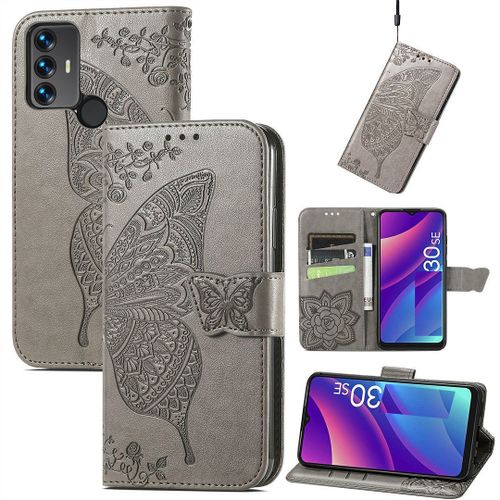 Saturcase Coque Pour Tcl 30 Se / Tcl 305 / Tcl 306, Papillon Fleurs Pu Cuir Magntique Flip Portefeuille Support Porte-Carte Protecteur Housse tui Avec Dragonne Pour Tcl 30 Se / Tcl 305 / Tcl 306 (Hf-Gris)