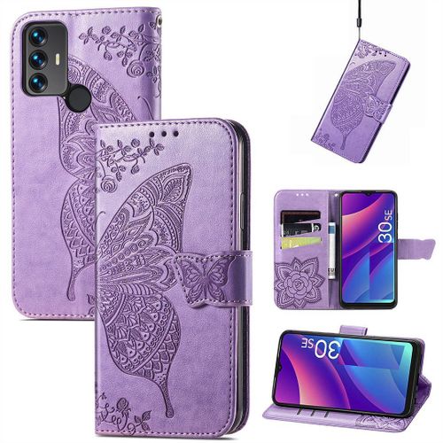 Saturcase Coque Pour Tcl 30 Se / Tcl 305 / Tcl 306, Papillon Fleurs Pu Cuir Magntique Flip Portefeuille Support Porte-Carte Protecteur Housse tui Avec Dragonne Pour Tcl 30 Se / Tcl 305 / Tcl 306 (Hf-Lavande)