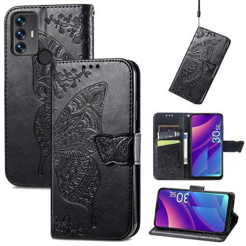 Saturcase Coque Pour Tcl 30 Se / Tcl 305 / Tcl 306, Papillon Fleurs Pu Cuir Magntique Flip Portefeuille Support Porte-Carte Protecteur Housse tui Avec Dragonne Pour Tcl 30 Se / Tcl 305 / Tcl 306 (Hf-Noir)