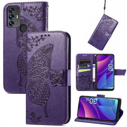 Saturcase Coque Pour Tcl 30 Se / Tcl 305 / Tcl 306, Papillon Fleurs Pu Cuir Magntique Flip Portefeuille Support Porte-Carte Protecteur Housse tui Avec Dragonne Pour Tcl 30 Se / Tcl 305 / Tcl 306 (Hf-Violet)