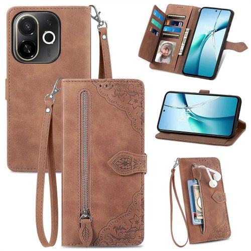 SATURCASE Coque pour Tecno Spark 30C 5G, Fleur Gaufrage PU Cuir Magntique Flip Portefeuille Poche Fermeture clair Support Porte-carte Cordon Protecteur Housse tui pour Tecno Spark 30C 5G (SZ-Brown)