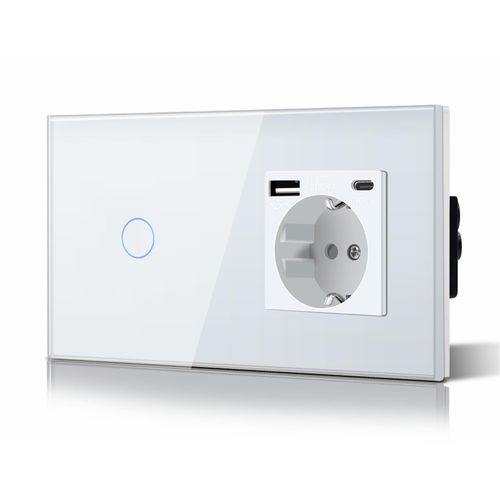 Schuko Interrupteur D'clairage,Prise,Encastr,1 Compartiments,2 Voies,Prise 3-En-1,Puissance De Charge Usb 2,1 A,Adaptateur De Type C,Station De Charge,Rallonge En Verre,157 Mm,Blanc