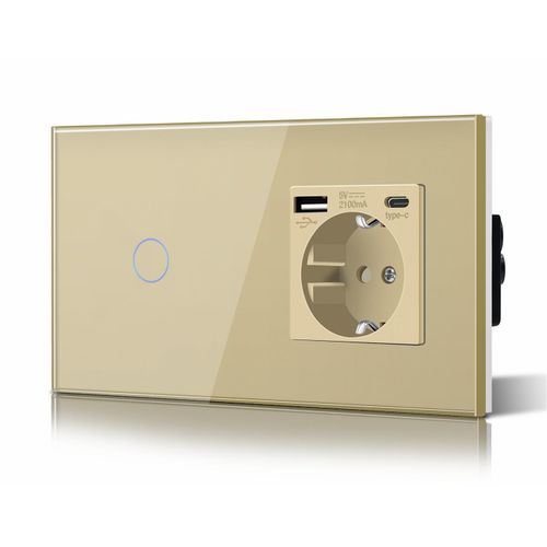 Schuko Interrupteur D'clairage,Prise,Encastr,1 Compartiments,2 Voies,Prise 3-En-1,Puissance De Charge Usb 2,1 A,Adaptateur De Type C,Station De Charge,Rallonge En Verre,157 Mm,Dor