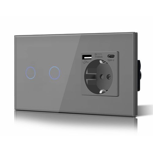 Schuko Interrupteur D'clairage,Prise,Encastr,2 Compartiments,2 Voies,Prise 3-En-1,Puissance De Charge Usb 2,1 A,Adaptateur De Type C,Station De Charge,Rallonge En Verre,157 Mm,Gris