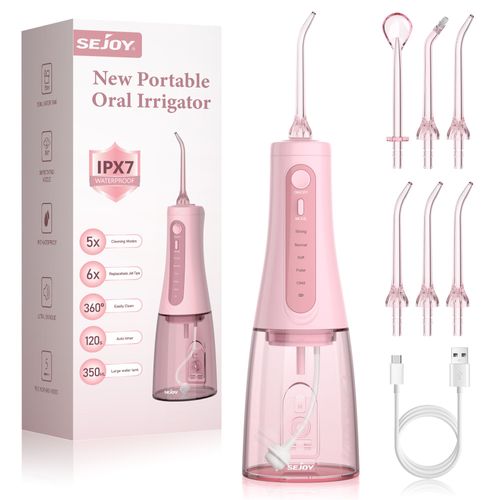 Sejoy Hydropulseur Jet Dentaire Rechargable Portable 350ml Avec 6 Buses Irrigateur Oral Electrique 5 Modes Ipx7 tanche, Rose