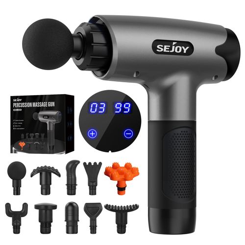 Sejoy - Pistolet De Massage Musculaire - Fascia Gun 30 Niveaux Rglables - 10 Ttes De Massage - cran Led - Gris