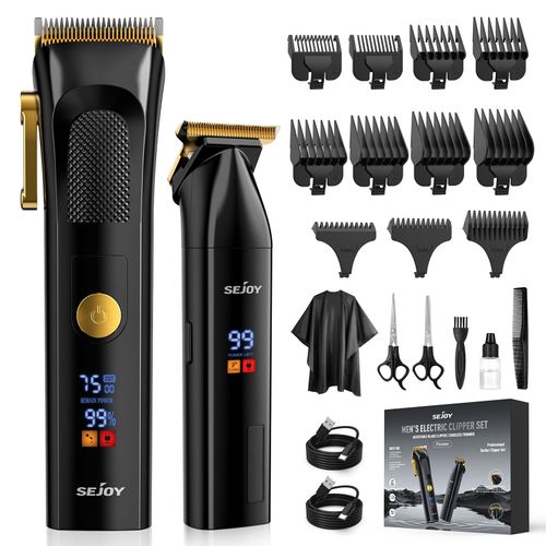 Sejoy Tondeuse Cheveux Professionnelle Pour Homme, Kit De Coupe De Cheveux Et Tondeuse  Lame En T Rechargeable, Sans Fil Avec cran Led, Noir