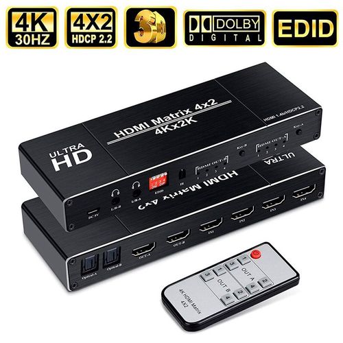 Sparateur de commutateur HDMI Matrix 4x2 4K HDR, 4 entres 2 sorties, SPDIF optique + prise 2.0mm, extracteur Audio, en vogue, 3.5