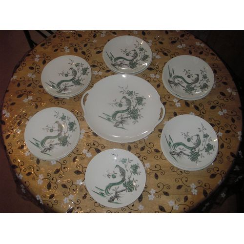 Service  Dessert En Porcelaine De Limoge 12 Pices ,1 Plat  Tarte Avec Anses De Chaque Ct ,11 Assiettes Assorties ,Dcor Peint  La Main ,Motif :Oiseau Des les Sur Branche En Fleurs .