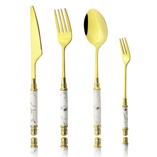 Service De Couverts En Acier Inoxydable, 4 Pices, Manche En Cramique, Service De Couverts En Acier Inoxydable, Fourchette  Gteau, Cuillre  Th, Couteau De Table, Service De Couverts Dors