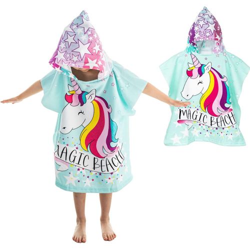 Serviette  Capuche Filles Licorne 75 X 150 Cm,Serviette De Plage Et De Piscine, Poncho Fille, Serviette De Bain Microfibre(Bleu)
