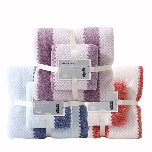 Serviette De Bain Absorbante En Velours Corail, Ensemble De Serviettes Rayes, 3 Serviettes De Bain 70*140, 3 Essuie-Mains 35*75