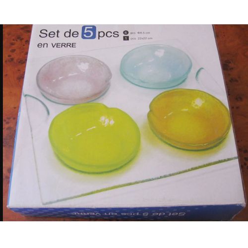 Set De 5 Soucoupes/Coupelles (Diamtre 8.5cm) En Verre Coloris Pastels Prsentes Sur Un Plateau De Verre Alvol Transparent (22x22cm) - Pouvant Servir  De Multiples Usages