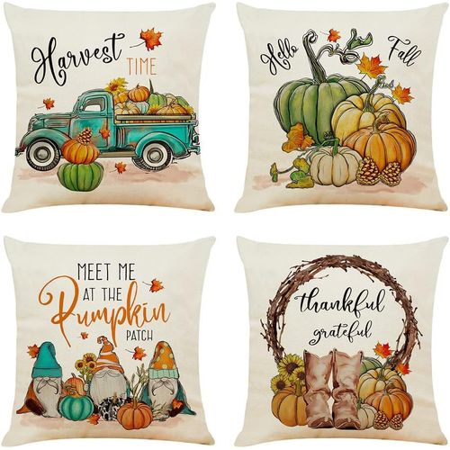 Set De Coussins 45x45 Automne Jaune Lin Coussin Dcoratif Canap Set De 4 Feuilles Orange Set De Coussins Citrouille Moderne(Oreiller Non Inclus)