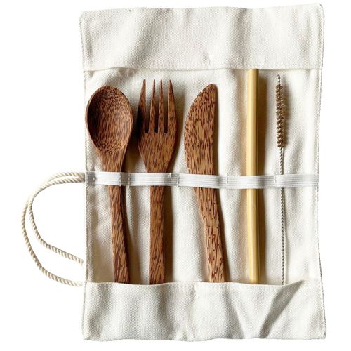 Set De Couverts En Noix De Coco Avec tui De Coton Bio