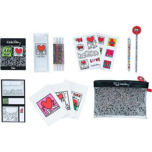 Set De Papeterie Keith Haring | Inclut : 1 Stylo Bille, 1 Crayon De Papier, 4 Surligneurs, 2 Trombones, 3 Carnets A6, Des Stickers | Papeterie Kawaii