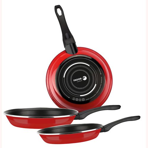 Set De Poles  Frire Induction 20-24-28 Cm Acier maill, Antiadhsif Sans Pfoa, , Rouge, Fagor, Optimax