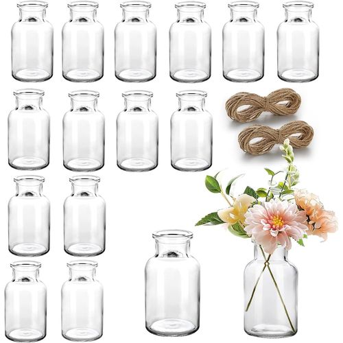 Set Of 15 Mini Glass Vases,130 Ml Small Flower Vases,Decorative Vases With String-Mini Glass Vase For Modern Table Decorations,Table Centerpieces,Vase