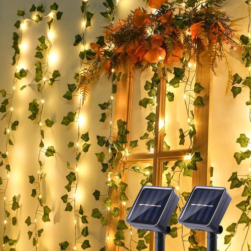 Set Of 2 Outdoor Solar Fairy Lights,12 M 100 Led Artificial Ivy Solar Fairy Lights,8 Modes Waterproof String Lights For Garden,Terrace,Balcony,Party,Warm White