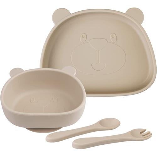 Set Vaisselle Pour Bb Silicone Avec Ventouse,4 Pcs,Set Repas Pour Enfants,Compatible Lave-Vaisselle, Micro-Onde, Sans Bpa(Beige)