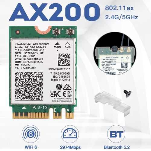 Seule carte - Carte rseau Wifi 6 Intel AX200 M.2 pour touristes, kit de bureau AX200NGW, Bluetooth 5.2, adaptateur sans fil Wifi6, antenne strilisation 11ax