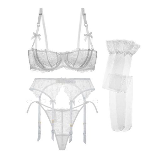Sexy Dentelle Voir  Travers Demi-Tasse Soutien-Gorge Dames Mince Ceinture String Fleur Blanc Mariage Lingerie Ensemble Soutien-Gorge + Jarretire + String + Bas 4 Pices/Ensemble