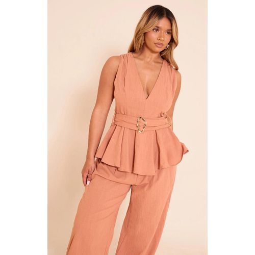 Shape Top Pplum En Effet Lin Rouille  Ceinture Et Empicement Dor, Rouille