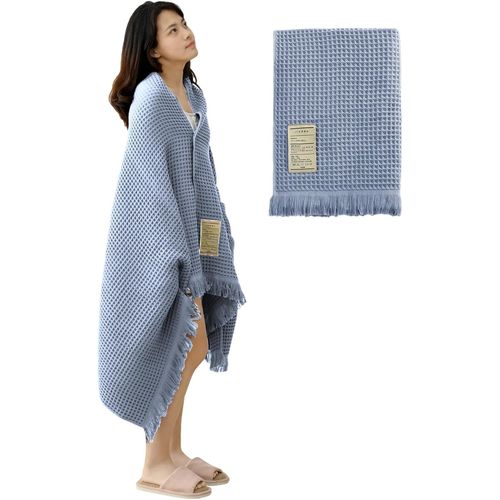 Shiba-Coton Pur Gaufr Serviette De Bain Schage Rapide Douceur 180x90cm Drap De Bain Grande Chle  Pompon Sn079108 Bleu Ciel[3975]