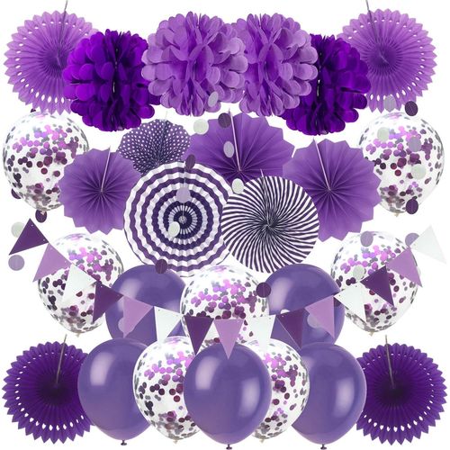 Shiba-Dcoration De Fte, ventails En Papier Violet Pom Poms Guirlandes De Confettis Ballons En Latex String  Pois Triangle Bunt[1