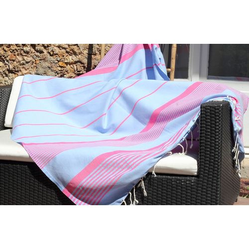 Shiba-Fouta Plage Grande Taille Xxl Douceur Symi 150 X 250 Cm  Bleu Clair Et Rose Fuchsia  100% Coton  Drap Ou Serviette De Pl[3