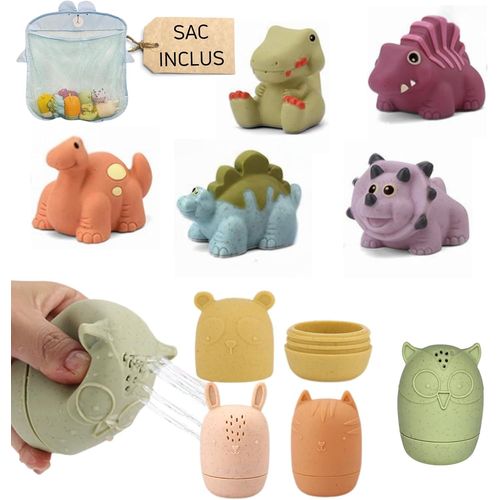 Shiba- Lot De 9 Jouets De Bain De Bebe En Silicone Sans Bpa, co-Friendly, Avec Animaux Et Dinosaures  Pulvriser, Filet De Rang[7
