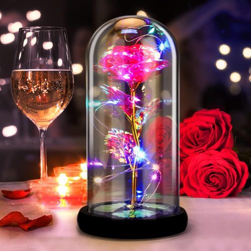 Shiba-Rose Eternelle, Rose La Belle Et La Bete Sous Cloche, Fleurs Eternelles Lumires Led Colores Dans Un Dme En Verre, Ide Or[7