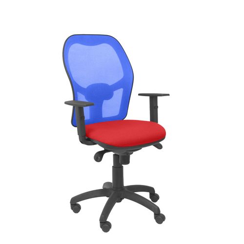 Sige De Bureau Ergonomique Avec Mcanisme Synchro, Accoudoirs Rglables Et Hauteur Rglable Dossier En Maille Respirante En Bleu Et Assise Rembourre En Tissu Bali Rouge