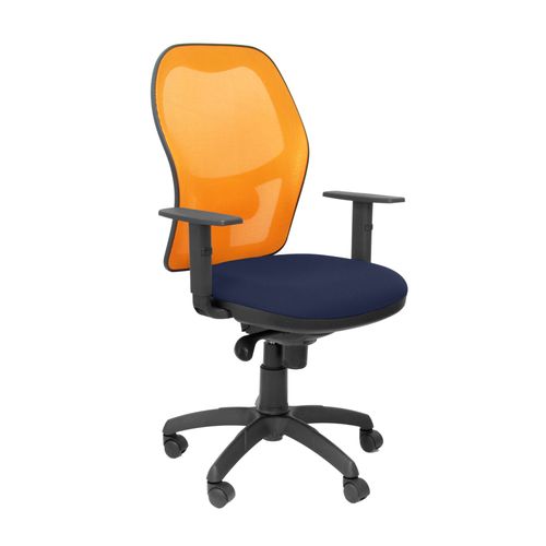 Sige De Bureau Ergonomique Avec Mcanisme Synchro, Accoudoirs Rglables Et Rglables En Hauteur, Dossier En Maille Respirante Orange Et Assise Rembourre En Tissu Bali Bleu Marine