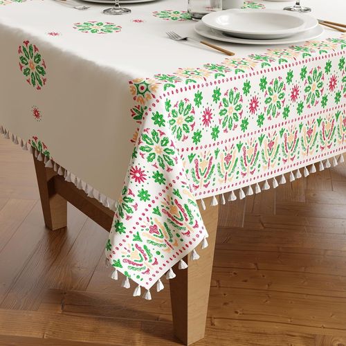 Silky Polyester Tablecloth For 6 To 8 Seater Table | Bright Green Bohemian Print Design With Tassels | Use Kitchen,Indoor And Outdoor Parties With Size 140 X 240 Cm