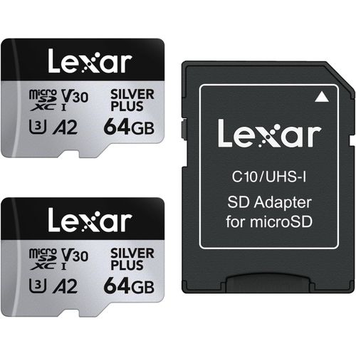 Silver Plus Lot de 2 Cartes Micro SD 64 Go,jusqu' 205 Mo/s de Lecture,100 Mo/s en criture,Carte mmoire Micro SD avec Adaptateur,UHS-I,A2,U3,V30,Classe 10,4K UHD microSDXC