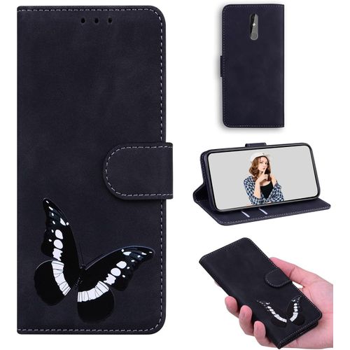 Simili Cuir Coque Pour Nokia 3.2 tui Flip Stand Wallet Cover Color Printed Butterfly Pattern Skin Friendly Pu Cuir Folio Tpu Coque Intrieure Fente Carte Case Pour Nokia 3.2 Le Noir