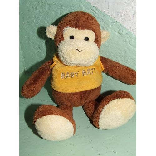 Singe Baby Nat Doudou Babynat Peluche Marron Beige Pull Jaune 26 Cm + Queue De 18 Cms