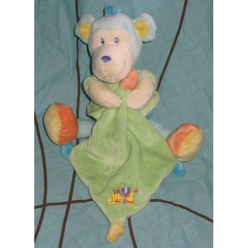 Singe Doudou Pommette Et Sa Couverture Mouchoir  lphant Brod Bleu Turquoise Blanc Vert Orange Jaune