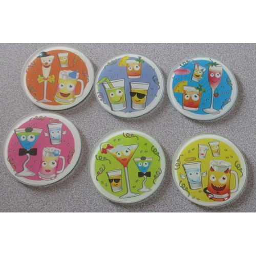 Six Desssous De Verre Rigolos En Verre-Multicolores Et Tous Diffrents-Chacun Avec Le Dessin De Verres Avec Des Visages Drles Sur Fonds Jaune/Orange/Rose/Vert/Bleu Ou Violet-Forme Ronde Diamtre 9cm