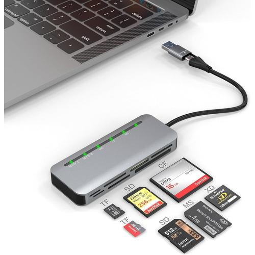 Sliver Sliver Lecteur de Cartes Multi-Cartes USB C USB 3.0, Lecteur de Carte SD 7 en 2 pour SD SDXC SDHC/TF/CF/XD/MS avec Adaptateur USB