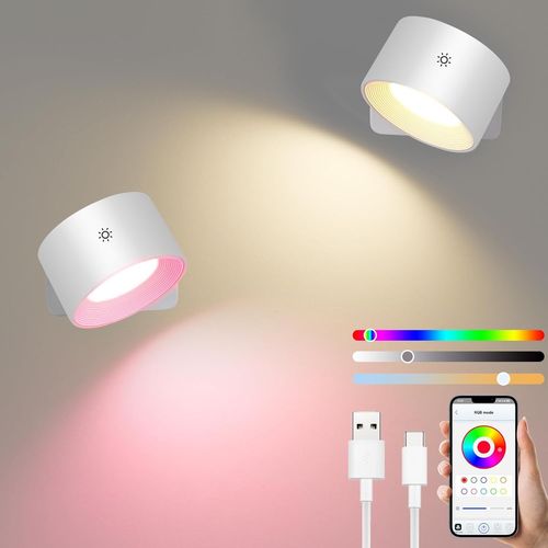 Smart Applique Murale Intrieure 2 Pack, Rechargeable Lampe Murale, Intensit Variable Lampe De Chevet Tactile Rotatif  360, Rgb Et Ambiance Modes, App Et Contrle Tactile, Blanc