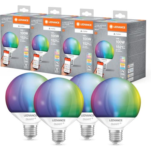 Smart+ Matt Led Lampe, Compatible Avec Google, Alexa, Apple, White Frost Optics, 14w, 1521lm, E27, Color Light & White Light, Avec Vocal Control, Jusqu' 20 000 Hrs, 4-Pack[Amp745223]