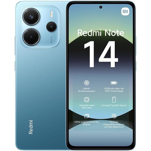 Smartphone Redmi Note 14,8+128gb,Bleu,Systme De Camra Ia 108mp,Batterie 5500mah,cran De Soins Oculiares 120hz,Fonctionnalits Ia (Chargeur Non Inclus)(Version Franaise+2 Ans De Garantie)