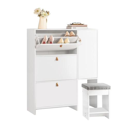 Sobuy Armoire  Chaussures Commode  Chaussures Avec 1 Tabouret, 1 Porte Et 3 Abattants, Meuble D'entre Coffre Rangement Pour Chaussures Avec Tabouret  Chaussures, 95x30x121cm, Fsr107-W